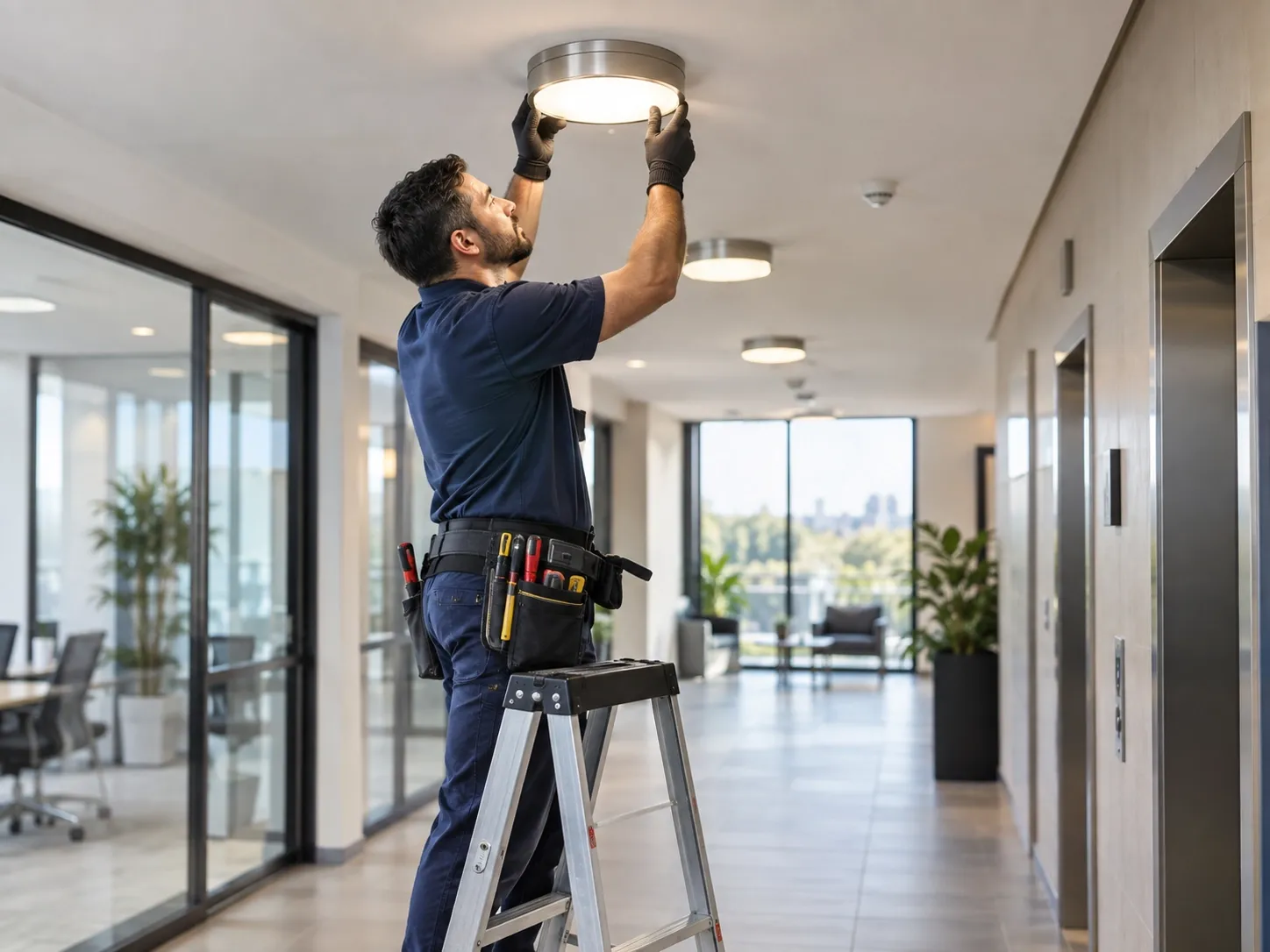 Profesional realizando el mantenimiento de una luminaria de oficina